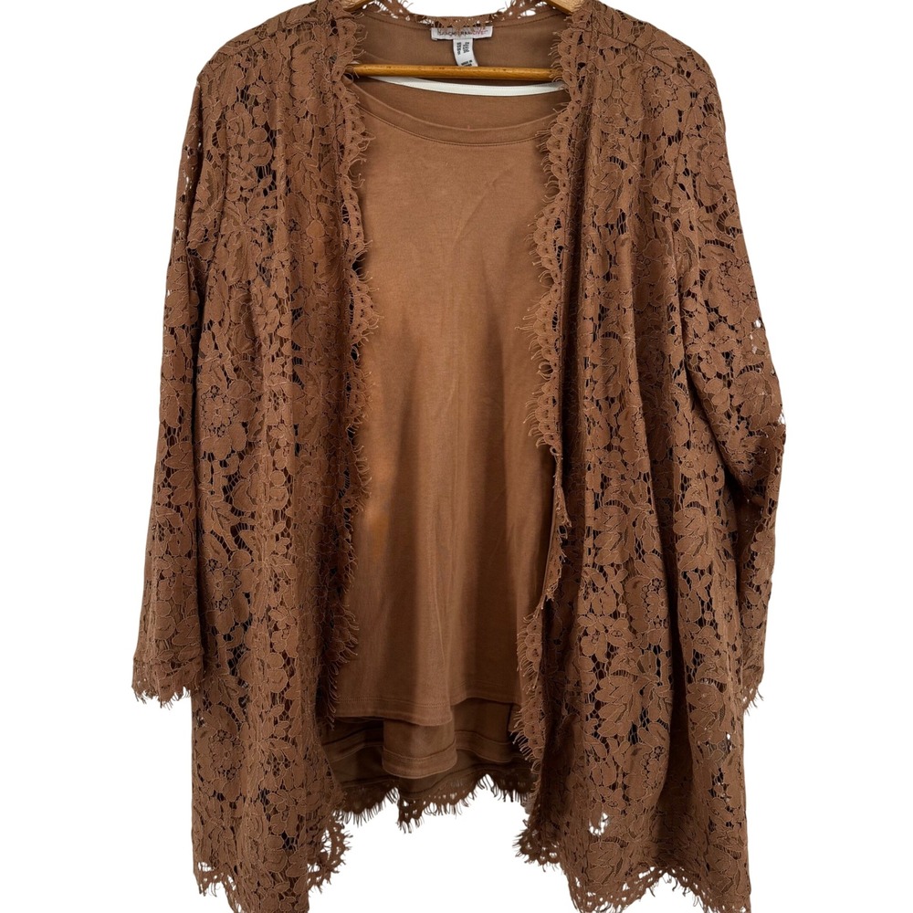 Isaac Mizrahi Live Caramel Brown Lace Cardigan and Cotton Top Set Plus Size 2X